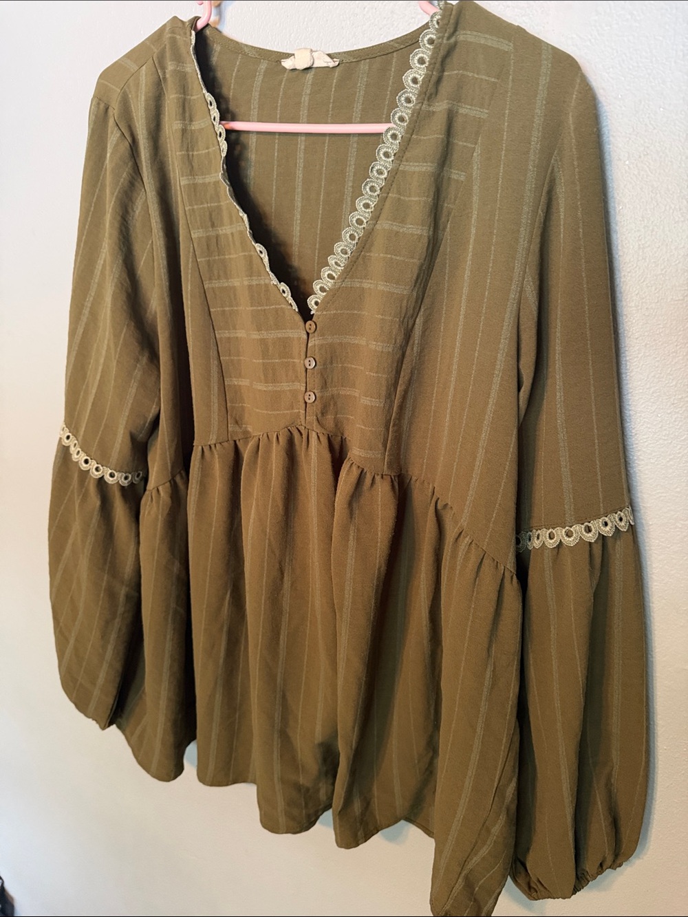 Olive Green Boho Peasant Blouse with Lace Trim
